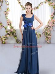 Glamorous Navy Blue Sleeveless Belt and Hand Made Flower Floor Length Dama Dress