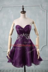 Sleeveless Mini Length Appliques and Ruching Lace Up Prom Gown with Purple