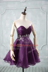 Sleeveless Mini Length Appliques and Ruching Lace Up Prom Gown with Purple