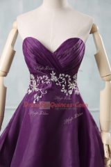 Sleeveless Mini Length Appliques and Ruching Lace Up Prom Gown with Purple