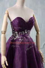Sleeveless Mini Length Appliques and Ruching Lace Up Prom Gown with Purple