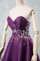 Sleeveless Mini Length Appliques and Ruching Lace Up Prom Gown with Purple