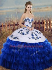 Custom Design Royal Blue Lace Up Sweetheart Embroidery and Ruffled Layers and Bowknot Ball Gown Prom Dress Organza Sleeveless