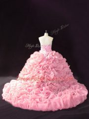 Nice Beading and Pick Ups and Hand Made Flower Ball Gown Prom Dress Pink Lace Up Sleeveless Court Train