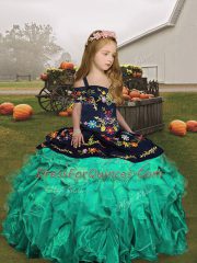 Turquoise Straps Neckline Embroidery Little Girl Pageant Gowns Sleeveless Lace Up