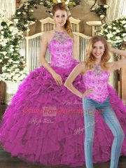 Fantastic Floor Length Fuchsia Quinceanera Dress Organza Sleeveless Beading and Ruffles