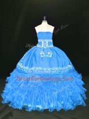 Exquisite Blue Organza Lace Up Strapless Sleeveless Floor Length Ball Gown Prom Dress Embroidery and Ruffles