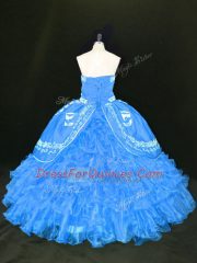 Exquisite Blue Organza Lace Up Strapless Sleeveless Floor Length Ball Gown Prom Dress Embroidery and Ruffles