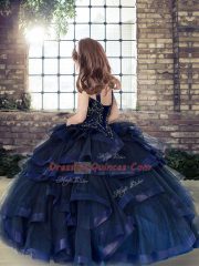 Customized Tulle Sleeveless Floor Length Pageant Gowns For Girls and Beading and Ruffles
