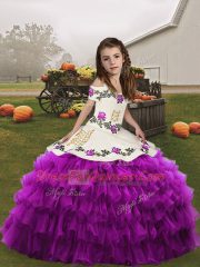 Purple Sleeveless Floor Length Embroidery and Ruffled Layers Lace Up Kids Formal Wear