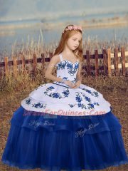 Excellent Blue Tulle Lace Up Kids Pageant Dress Sleeveless Floor Length Embroidery