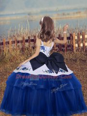 Excellent Blue Tulle Lace Up Kids Pageant Dress Sleeveless Floor Length Embroidery