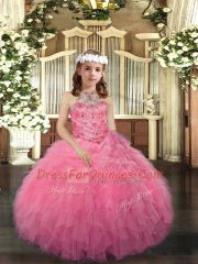 Beading Child Pageant Dress Pink Lace Up Sleeveless Floor Length