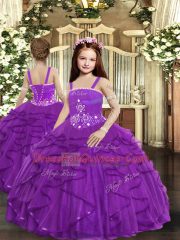 Purple Ball Gowns Straps Sleeveless Tulle Floor Length Lace Up Ruffles Child Pageant Dress