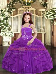 Purple Ball Gowns Straps Sleeveless Tulle Floor Length Lace Up Ruffles Child Pageant Dress
