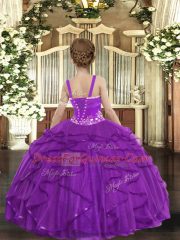 Purple Ball Gowns Straps Sleeveless Tulle Floor Length Lace Up Ruffles Child Pageant Dress
