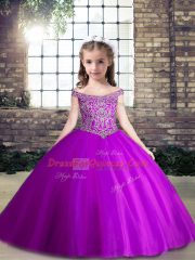 Latest Tulle Sleeveless Floor Length Little Girls Pageant Dress Wholesale and Beading