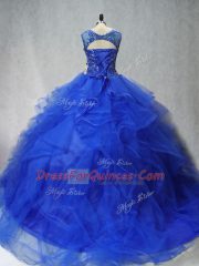 Modern Royal Blue Tulle Lace Up Sweet 16 Dresses Sleeveless Brush Train Beading and Ruffles