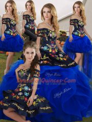 Royal Blue Sweet 16 Dress Military Ball and Sweet 16 and Quinceanera with Embroidery and Ruffles Off The Shoulder Sleeveless Lace Up
