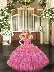 Sleeveless Floor Length Ruffled Layers Lace Up Quinceanera Dress with Rose Pink