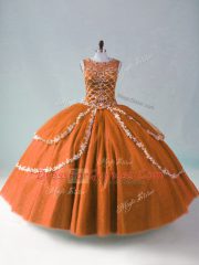 Edgy Rust Red Ball Gowns Beading and Appliques Quinceanera Dresses Zipper Tulle Sleeveless Floor Length