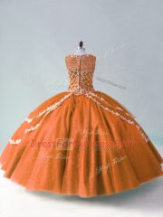 Edgy Rust Red Ball Gowns Beading and Appliques Quinceanera Dresses Zipper Tulle Sleeveless Floor Length