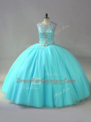 Aqua Blue Sleeveless Beading Lace Up Vestidos de Quinceanera