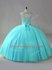 Aqua Blue Sleeveless Beading Lace Up Vestidos de Quinceanera