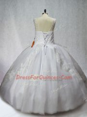 White Ball Gowns Scoop Sleeveless Organza Floor Length Lace Up Beading and Appliques Vestidos de Quinceanera