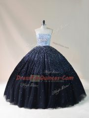 Deluxe Black Ball Gowns Tulle Strapless Sleeveless Beading Floor Length Lace Up Sweet 16 Dress