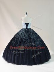 Deluxe Black Ball Gowns Tulle Strapless Sleeveless Beading Floor Length Lace Up Sweet 16 Dress