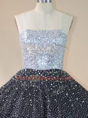 Deluxe Black Ball Gowns Tulle Strapless Sleeveless Beading Floor Length Lace Up Sweet 16 Dress