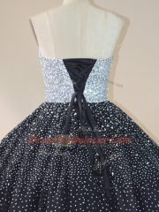 Deluxe Black Ball Gowns Tulle Strapless Sleeveless Beading Floor Length Lace Up Sweet 16 Dress