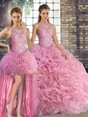 Super Scoop Sleeveless Sweet 16 Dresses Floor Length Beading Rose Pink Fabric With Rolling Flowers