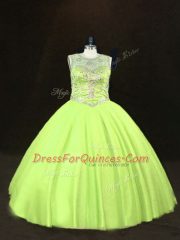 Floor Length Yellow Green Sweet 16 Dress Scoop Sleeveless Lace Up