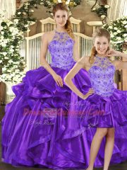 Purple Lace Up Vestidos de Quinceanera Beading and Ruffles Sleeveless Floor Length