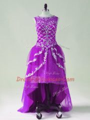 Beading and Appliques Dress for Prom Purple Zipper Sleeveless High Low