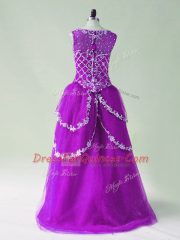 Beading and Appliques Dress for Prom Purple Zipper Sleeveless High Low