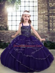 Great Sleeveless Floor Length Beading Lace Up Little Girls Pageant Dress Wholesale with Purple