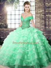 Apple Green Organza Lace Up Off The Shoulder Sleeveless Quinceanera Dresses Brush Train Beading and Ruffled Layers