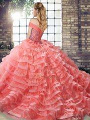 Apple Green Organza Lace Up Off The Shoulder Sleeveless Quinceanera Dresses Brush Train Beading and Ruffled Layers