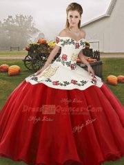 Ball Gowns Quinceanera Gowns White And Red Off The Shoulder Organza Sleeveless Floor Length Lace Up