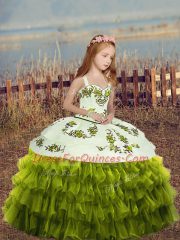 Green Lace Up Pageant Gowns For Girls Embroidery and Ruffled Layers Sleeveless Floor Length