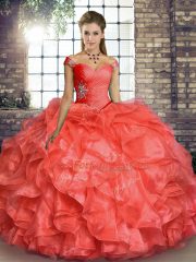 Floor Length Coral Red Sweet 16 Quinceanera Dress Off The Shoulder Sleeveless Lace Up