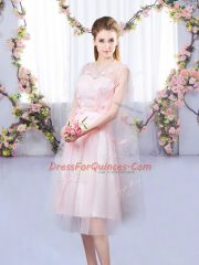 High Class Baby Pink Empire V-neck Sleeveless Tulle Tea Length Lace Up Appliques and Belt Vestidos de Damas