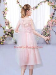 High Class Baby Pink Empire V-neck Sleeveless Tulle Tea Length Lace Up Appliques and Belt Vestidos de Damas