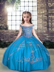 Sleeveless Tulle Floor Length Lace Up Kids Pageant Dress in Aqua Blue with Beading and Appliques