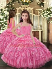 Sleeveless Floor Length Ruffled Layers Lace Up Kids Formal Wear with Rose Pink