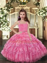 Sleeveless Floor Length Ruffled Layers Lace Up Kids Formal Wear with Rose Pink