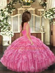 Sleeveless Floor Length Ruffled Layers Lace Up Kids Formal Wear with Rose Pink